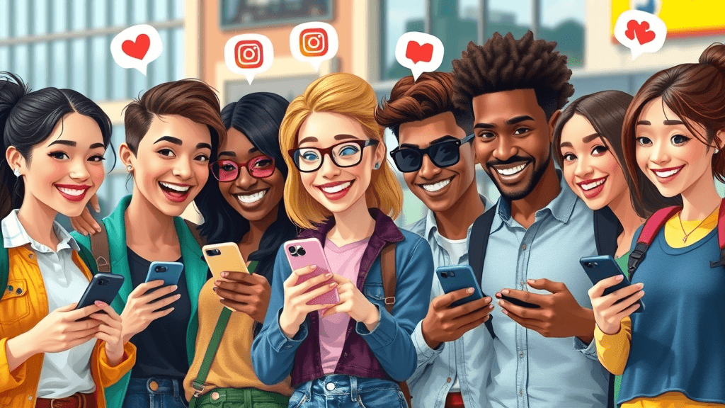 Young adults engaging with media platforms, diverse group looking at phones, Instagram strategy for medical aesthetics, urban setting with Instagram icons