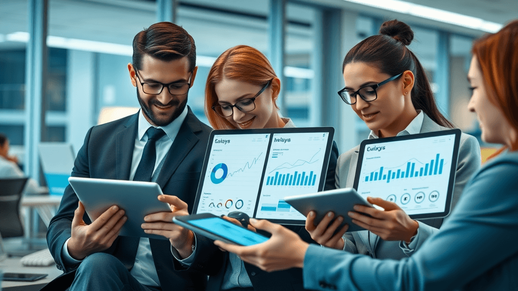 business team analyzing digital marketing ad performance reports for botox ad optimization, modern office with digital infographics