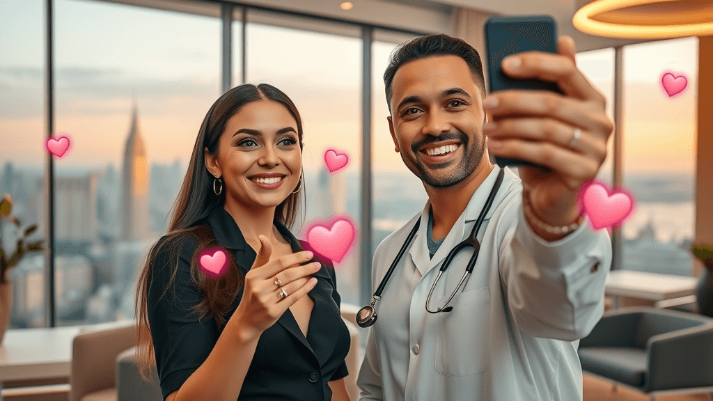 Medical aesthetics influencer collaborating with med spa professional, authentic Instagram partnership, selfie in luxury clinic