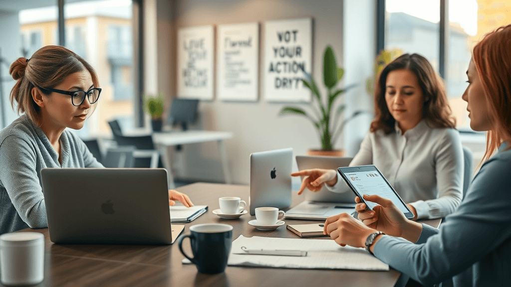 team analyzing online reviews, discussing strategies