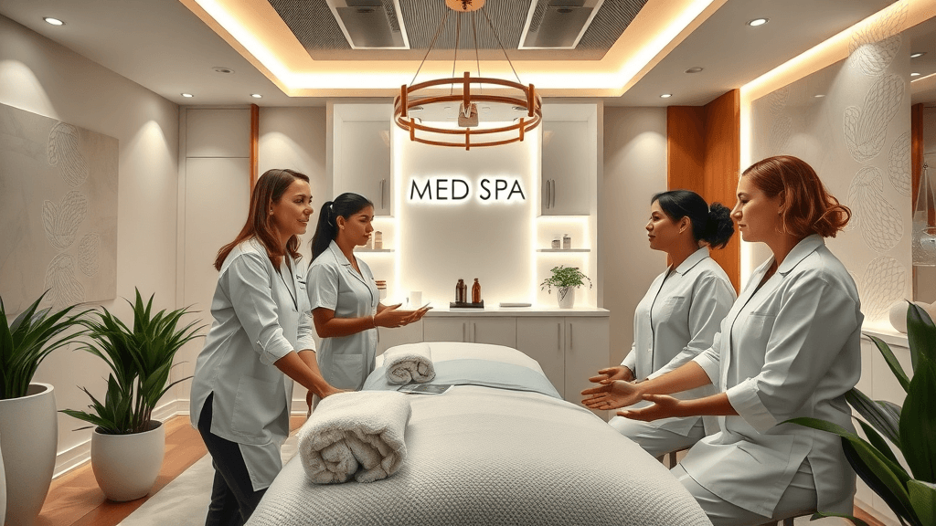 luxurious med spa staff consulting clients in upscale spa setting, botox advertising and branding