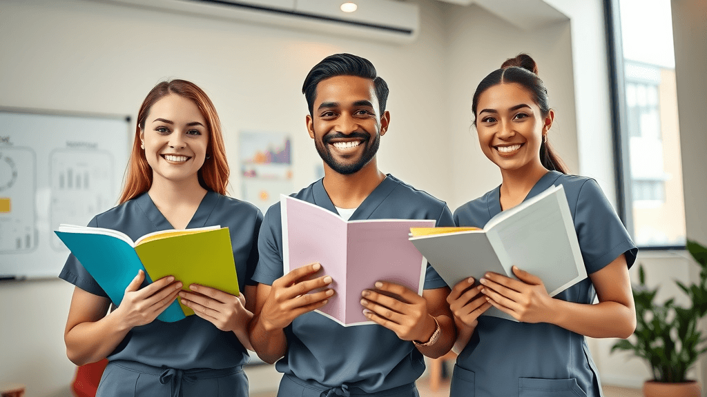 eager med spa staff, smiling, holding training materials in a modern training room