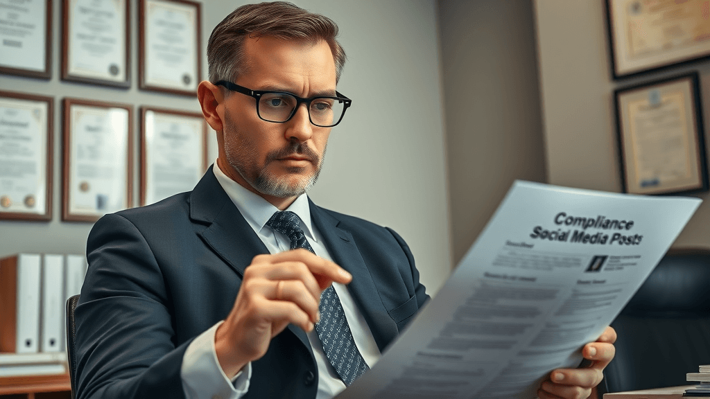 Compliance officer reviewing botox advertising guidelines for social media and Instagram in a formal office.