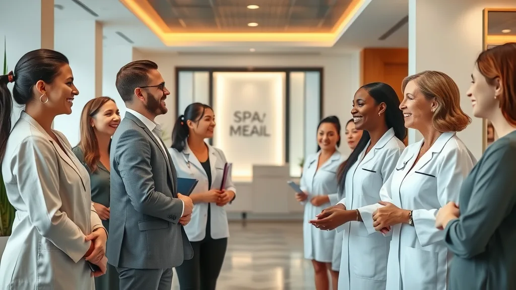 Professional med spa lobby, welcoming atmosphere, smiling diverse staff, greeting clients, modern spa interior; botox ad copy