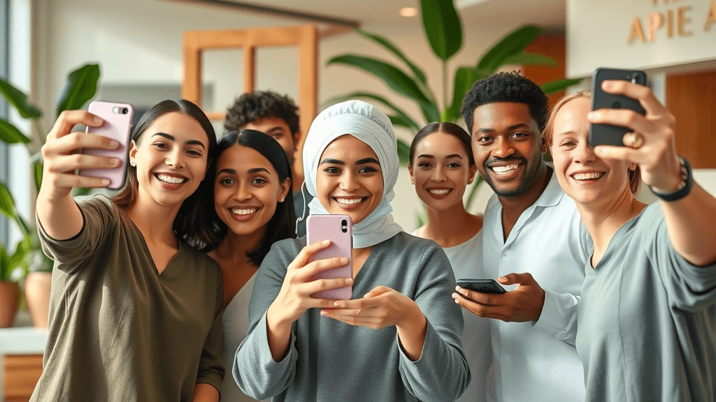 Diverse clients sharing post-botox selfies in a med spa lobby, spreading word-of-mouth for marketing botox on Instagram.