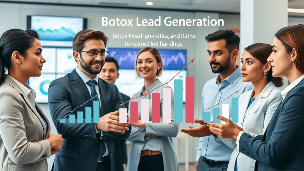 Dynamic infographic of botox lead generation statistics, diverse professionals reviewing data at a modern med spa office, upward trending graphs, analytics on screens, highly detailed, photorealistic