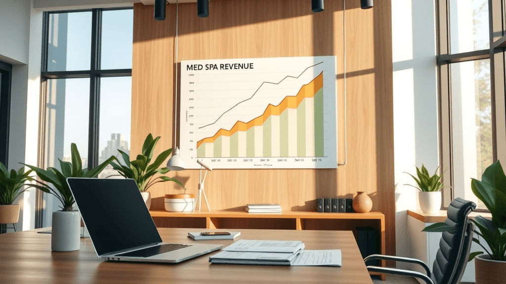 financial growth chart illustrating med spa revenue trends in a detailed, progressive office setting