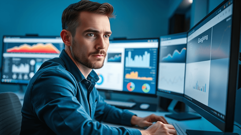 marketer setting up Google Ads campaign for botox ad optimization, analytics dashboards in modern office