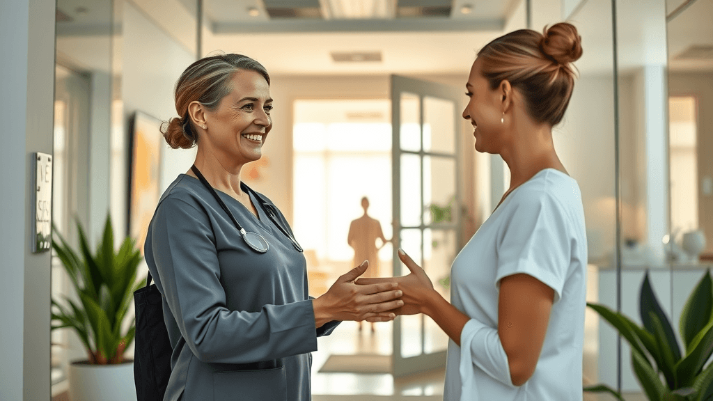 Bright upscale med spa exterior with a welcoming professional staff member greeting a client for botox marketing for medspas