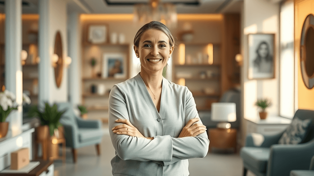 Confident medspa owner offering insight on SEO vs PPC Botox in elegant clinic