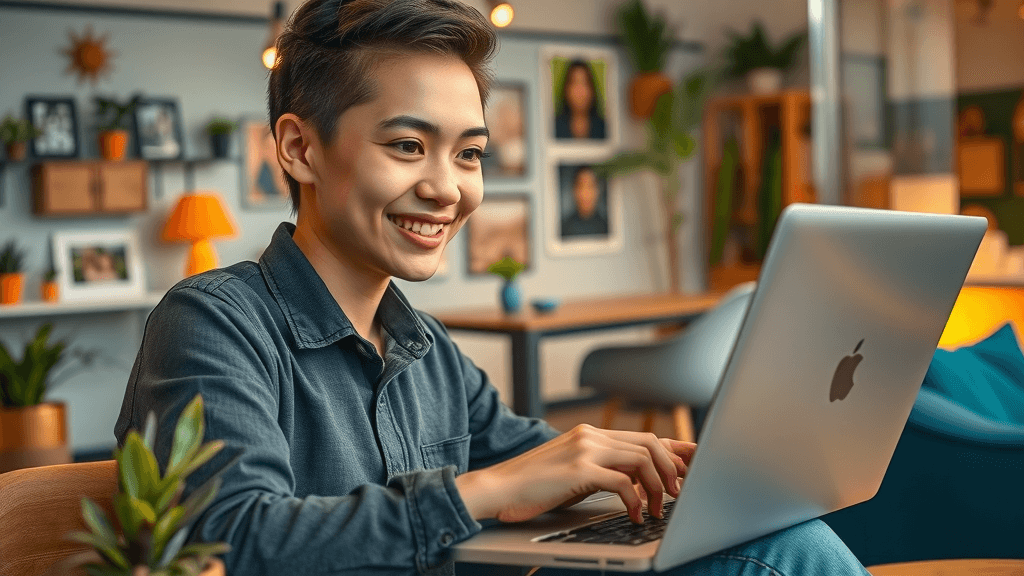 content creator on social media, engaging with audience, vibrant coworking space