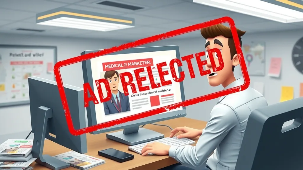 Digital graphic showing ad rejected stamp on medical ad, portraying compliance challenges in botox advertising