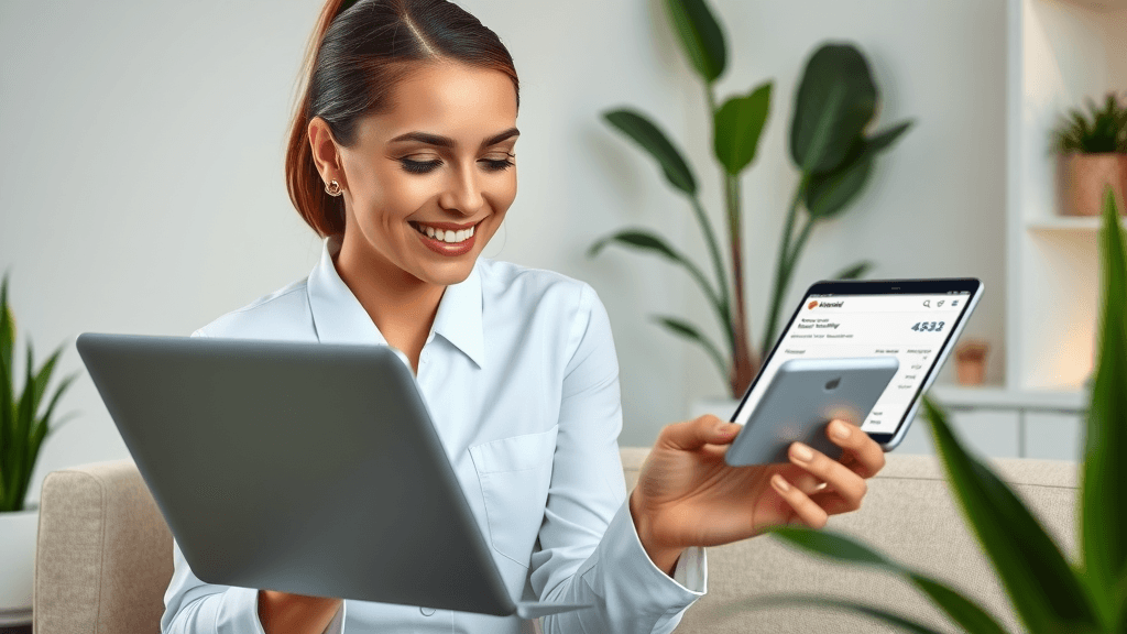 Sleek medspa website on laptop and smartphone, esthetician reviewing analytics in modern office, photorealistic, balanced lighting