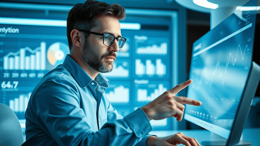 Marketing expert analyzing Instagram insights dashboard to optimize botox Instagram marketing ROI in a futuristic workspace.