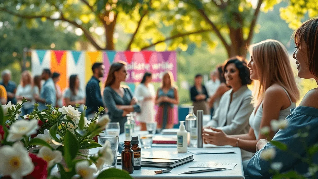 med spa event, vibrant, hosting community workshop, outdoor garden setting