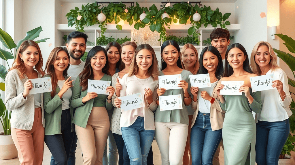 Diverse med spa clients holding thank you cards for testimonials, building loyal botox patient community through social media engagement