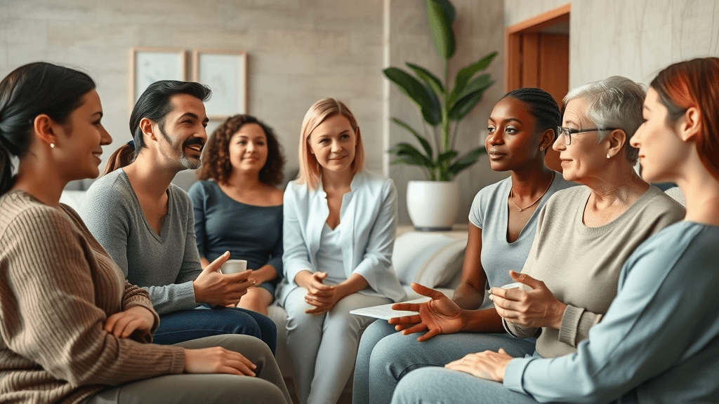 Diverse group of adults discussing skincare options at modern medspa consultation, stylish lounge with soothing elements, highly detailed, photorealistic