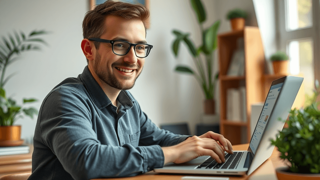 Confident content creator optimizing botox and filler blog posts for SEO strategy in a modern home office