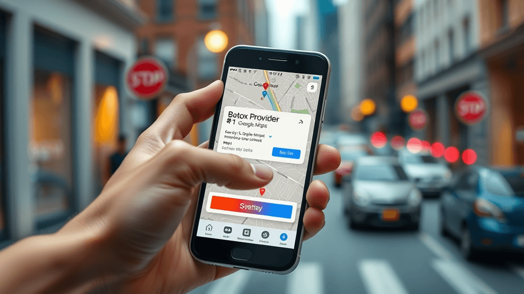 botox provider ranked #1 on google maps for local SEO, user's finger hovering over booking button