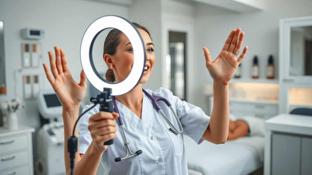 Energetic medical aesthetician recording Instagram Reel about botox treatments, engaging med spa background for social media posts, happy patients
