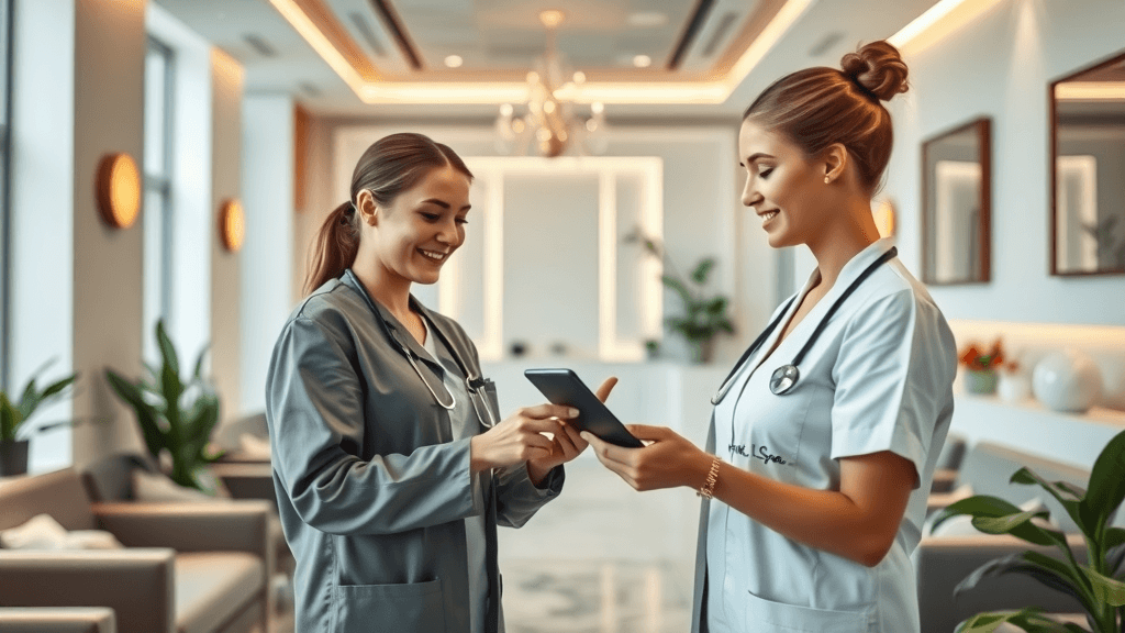 Botox Instagram Strategy showcased in modern med spa interior, welcoming staff with digital tablet, elegantly decorated waiting room with botanical elements, natural lighting