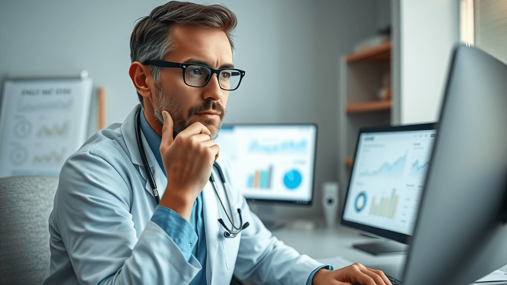 thoughtful clinician at computer reviewing seo analytics for aesthetic clinic website, botox seo case study