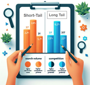 A comparison chart illustrating the difference between short-tail and long-tail keywords in terms of search volume, competiti