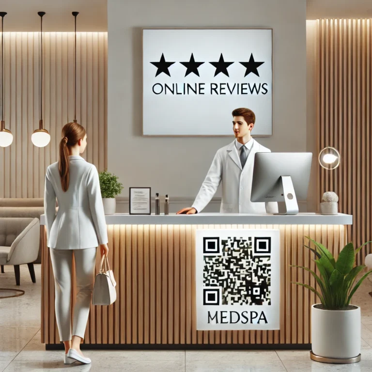 modern and elegant MedSpa reception area with soft lighting, minimalistic decor, and a front desk displaying a QR code for reviews. A friendly staff
