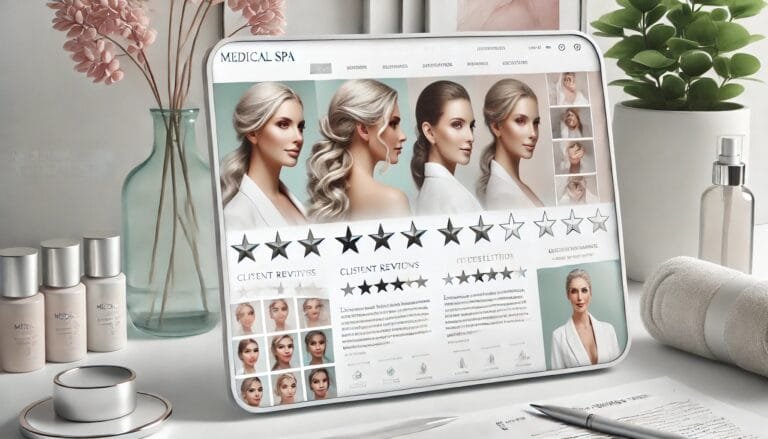 A professional homepage carousel displaying client reviews for a medical spa. The design includes star ratings, client profile pictures