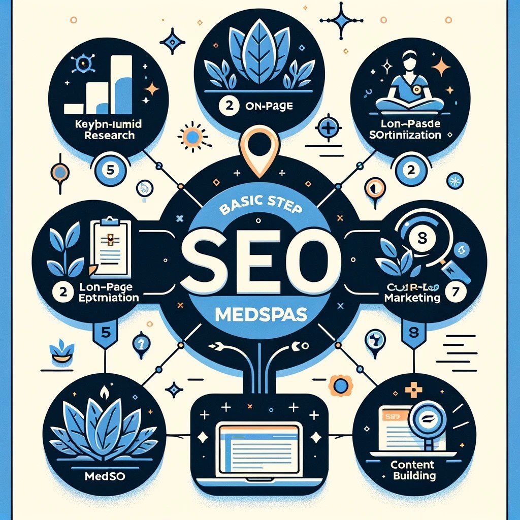 an infographic that outlines the basic steps of SEO for MedSpas, including keyword research, on-page optimization, local SEO, content marketing