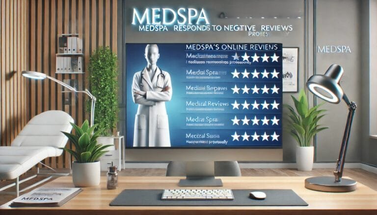 A visual representation of a MedSpa's online presence on a large screen. The screen displays reviews and ratings with highlighted sections