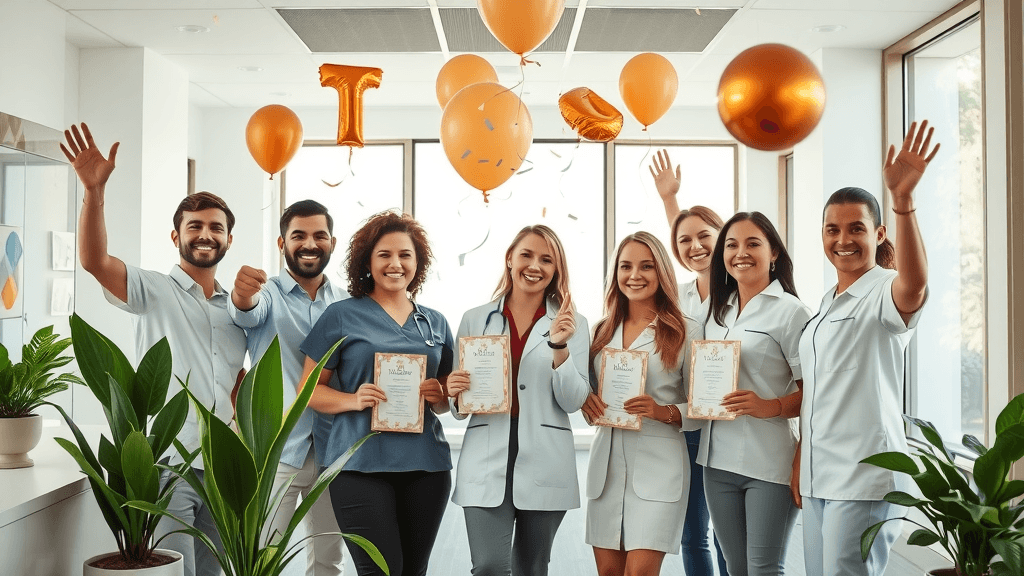Successful med spa team celebrating new client sign-ups in a modern clinic, with awards, happy staff, balloons and confetti, bright daylight, highly detailed, photorealistic
