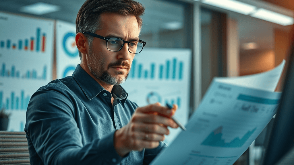 market analyst, focused, reviewing healthcare industry statistics