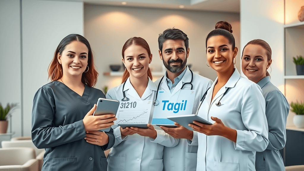 professional medical spa team engaging with digital marketing screens and social media icons, botox marketing terms illustrated