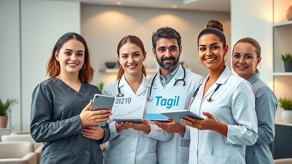 professional medical spa team engaging with digital marketing screens and social media icons, botox marketing terms illustrated