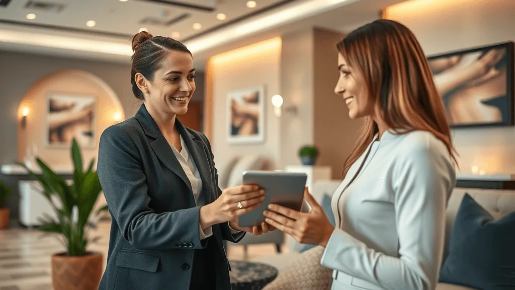 professional med spa, welcoming, explaining digital marketing, modern spa interior