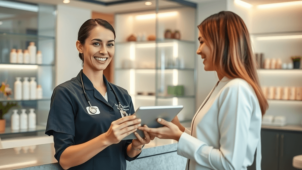 smiling med spa receptionist collecting a botox patient review digitally to improve local SEO