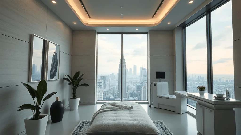 modern med spa, serene, successful lead generation, futuristic spa cityscape