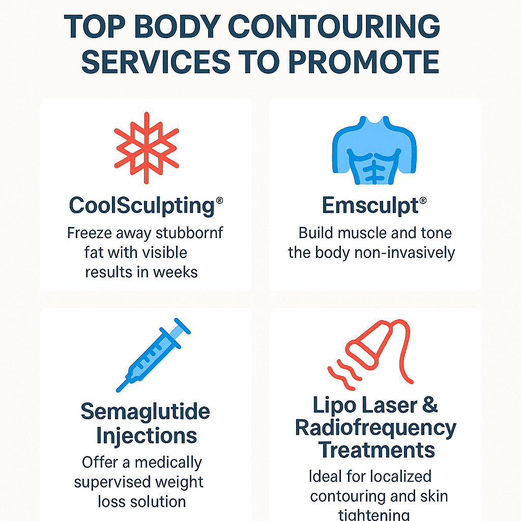 nfographic of CoolSculpting, Emsculpt, Semaglutide, and Lipo Laser treatments with icons and short descriptions.