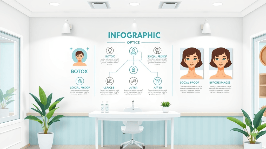 sleek infographic showing botox, social proof, and before/after icons for medspa marketing terms