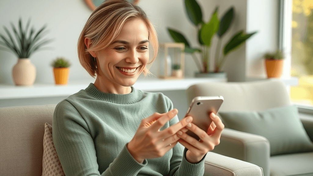 Happy patient writing a glowing online review after a positive botox treatment experience