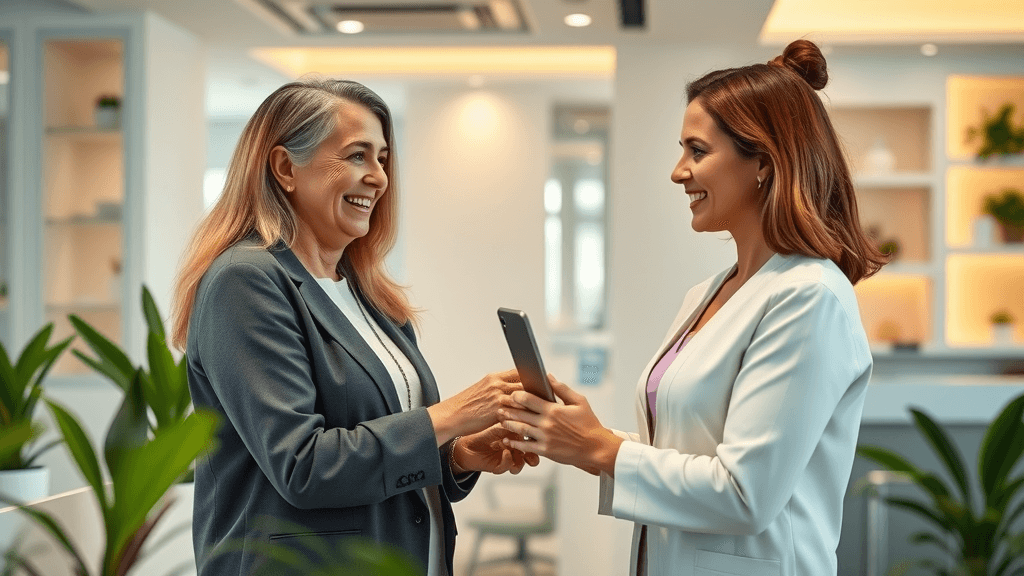 Upscale med spa interior showing happy patient and receptionist greeting each other, representing botox marketing success