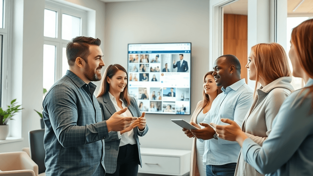 Dynamic social media landscape in a med spa office with Instagram posts on digital screens, professionals strategizing botox Instagram marketing.