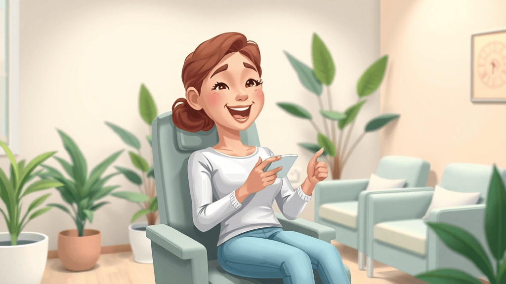 happy client reviewing aftercare instructions for botox treatment in a medspa recovery lounge