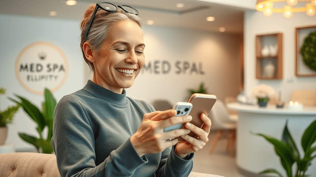 happy med spa client leaving online review in welcoming clinic reception, botox seo case study strategy