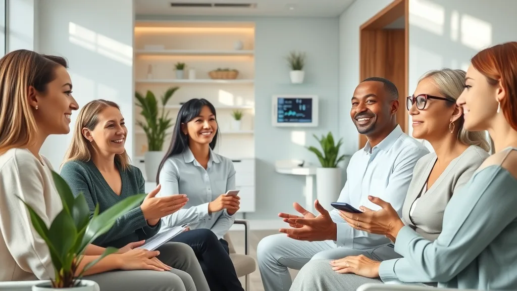 Modern cosmetic clinic with diverse clients receiving botox consultations and friendly staff, reflecting inclusive botox marketing