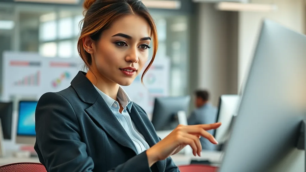 Confident female marketing manager analyzing digital ad metrics for botox advertising in a high-fidelity office setting