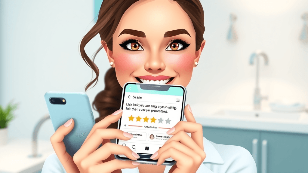 confident female med spa client holding smartphone with visible 5-star testimonial and before-after photos, mobile botox web design