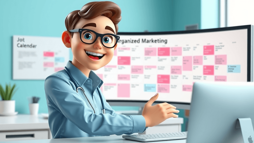 Marketing professional planning organized Instagram content calendar for botox marketing, med spa context, digital calendar highlighted in pastel colors