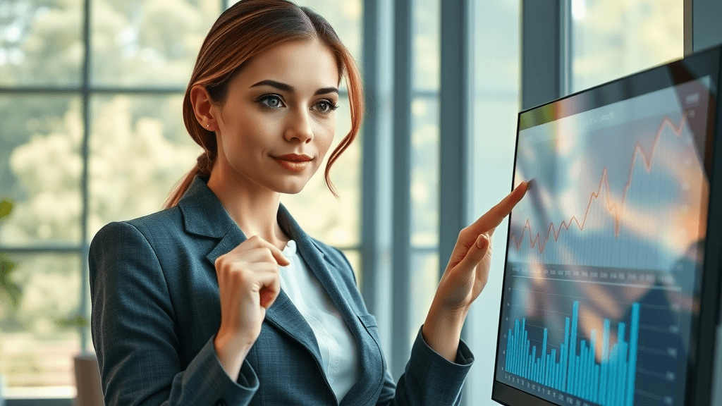 insightful businesswoman analyzing digital local search data for botox local SEO in a modern office setting, showing upward trending charts